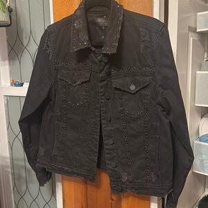 Distressed blanket NYC denim jacket